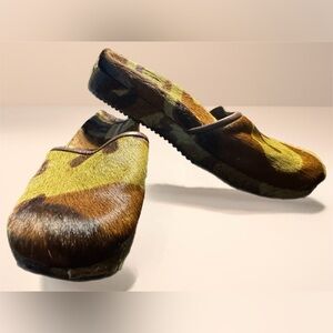 |naked feet| green and brown calf hair platform clogs